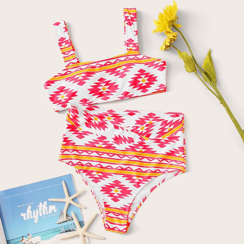 

Geo Random Print Top With High Waist Bikini Set, Multicolor