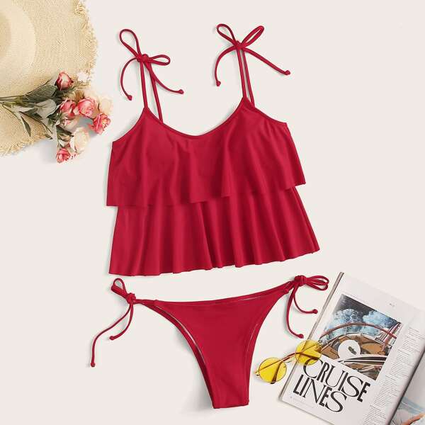 

Tiered Layer Top With Tie Side Tankini Set, Red