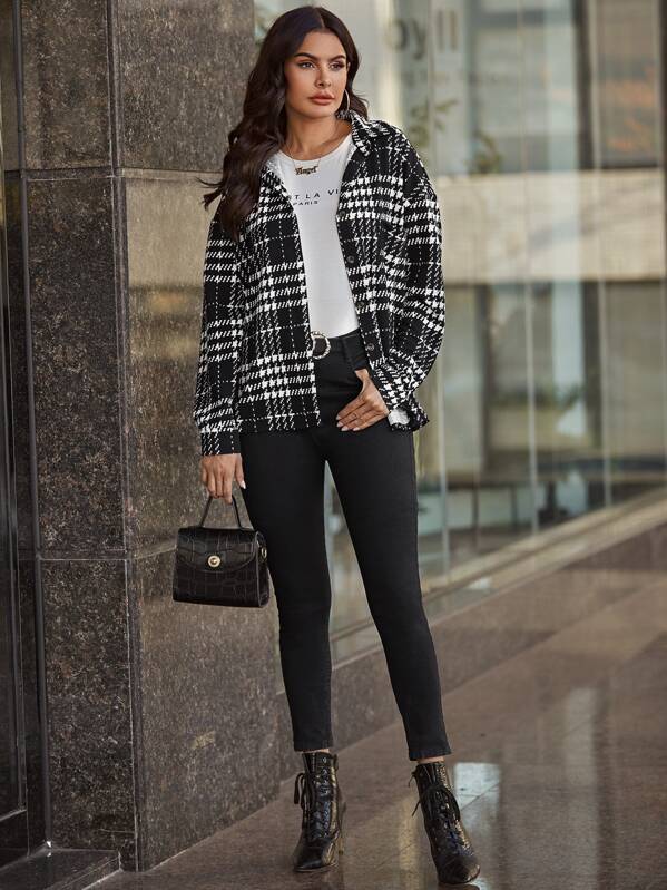 

Plaid Print Button Front Tweed Coat, Black and white, Andy
