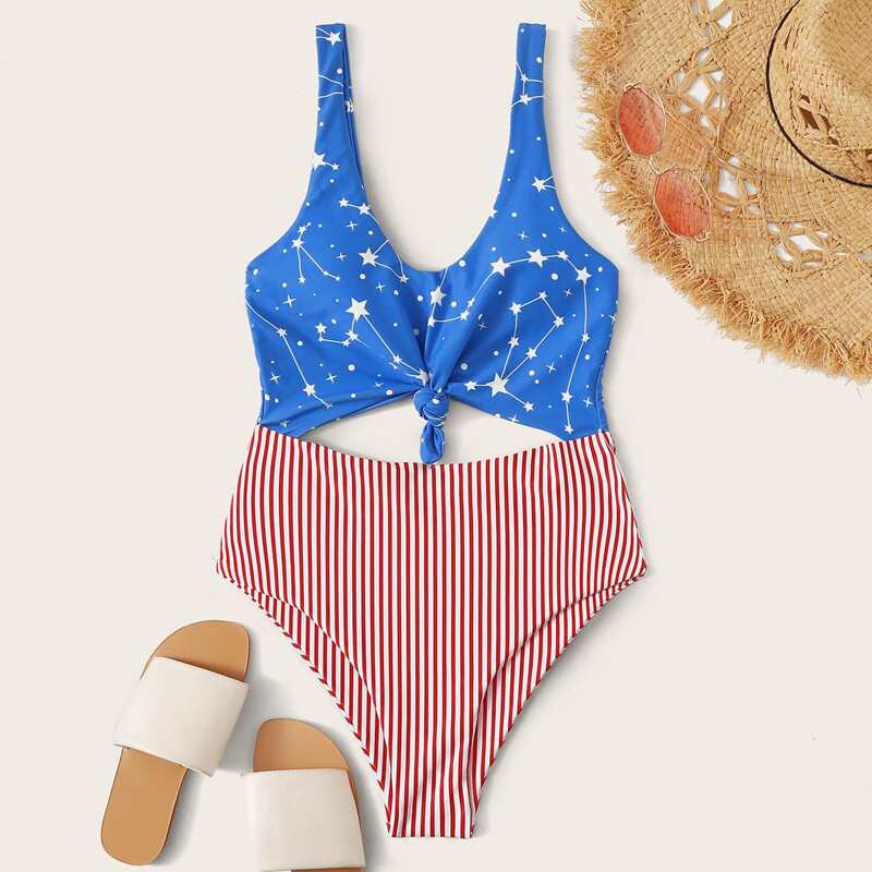 

Galaxy & Striped Random Print Knot One Piece Swimwear, Multicolor