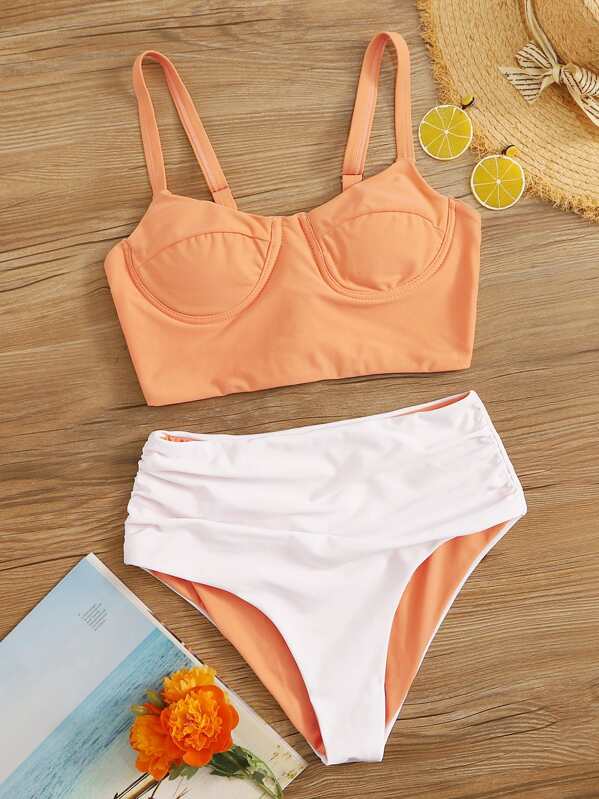 

Lace-up Back Underwire Top With High Waist Bikini Set, Multicolor