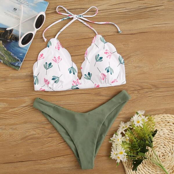 

Floral Random Print Triangle Top With High Cut Bikini, Multicolor