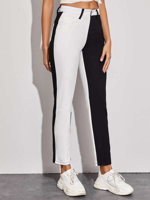 

Two Tone Button Fly Skinny Jeans, Black and white, Giulia