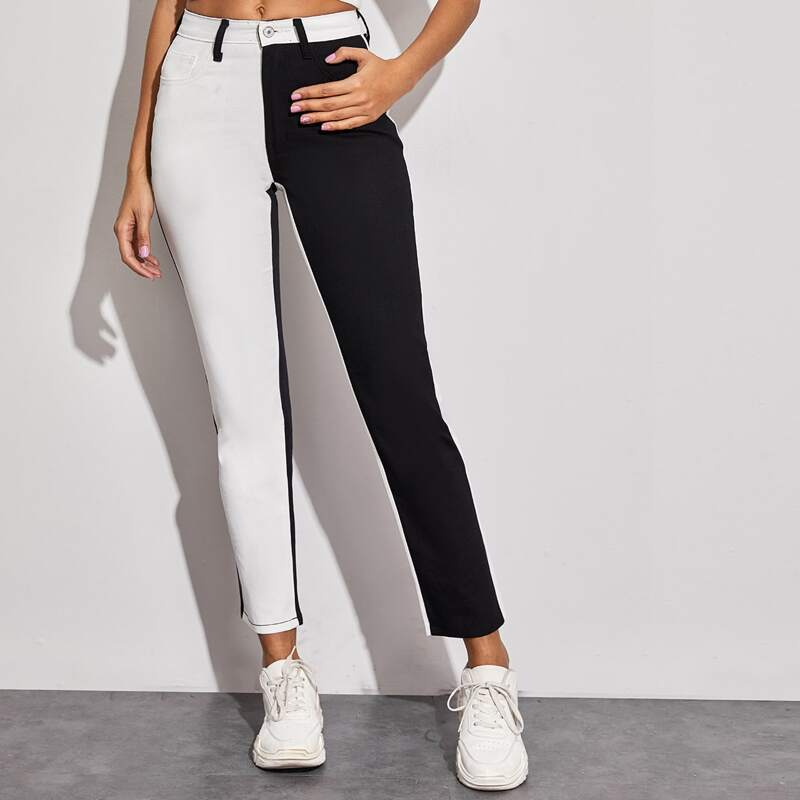 

Two Tone Button Fly Skinny Jeans, Black and white