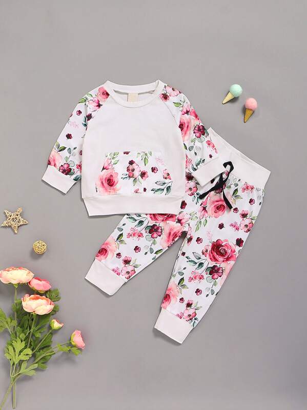 

Baby Girl Floral Print Raglan Sleeve Sweatshirt With Pants, Multicolor