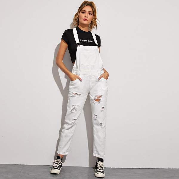 

Ripped Pocket Side Denim Overall, White
