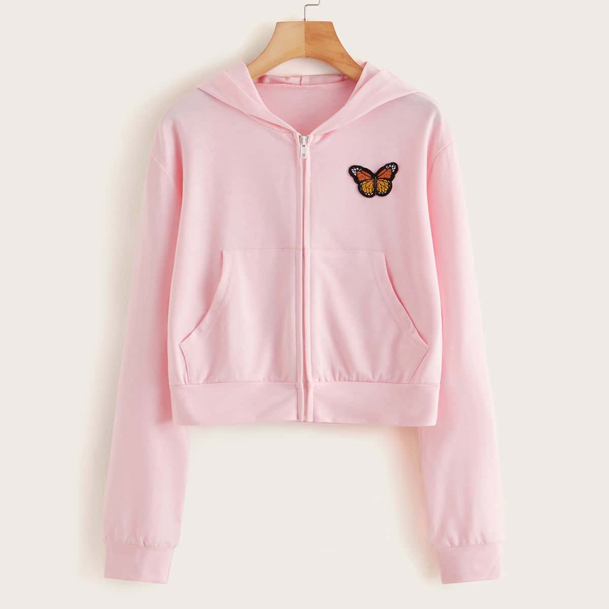 

Butterfly Embroidered Crop Zip Up Hoodie, Pink