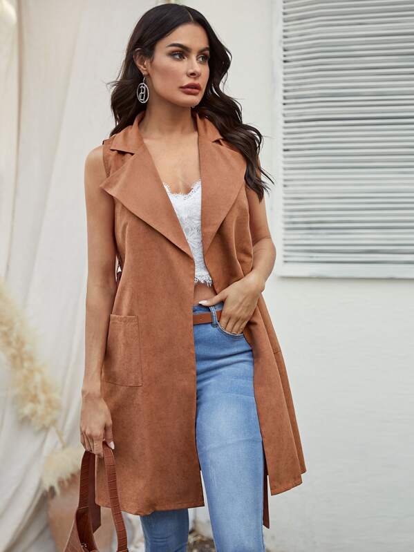 

Solid Belted Dual Pocket Vest Coat, Camel, Andy