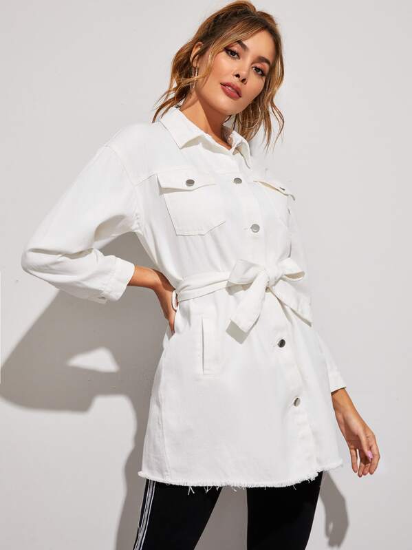 

Raw Hem Belted Longline Denim Trucker Jacket, White, Giulia