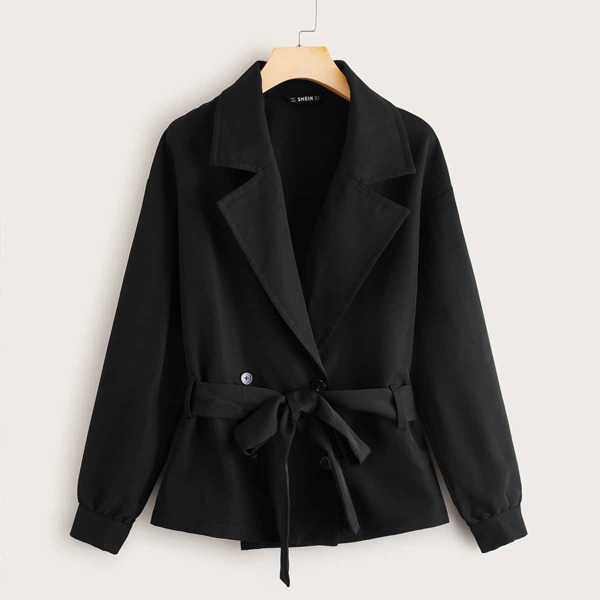 

Double Breasted Belted Short Trench Coat, Black