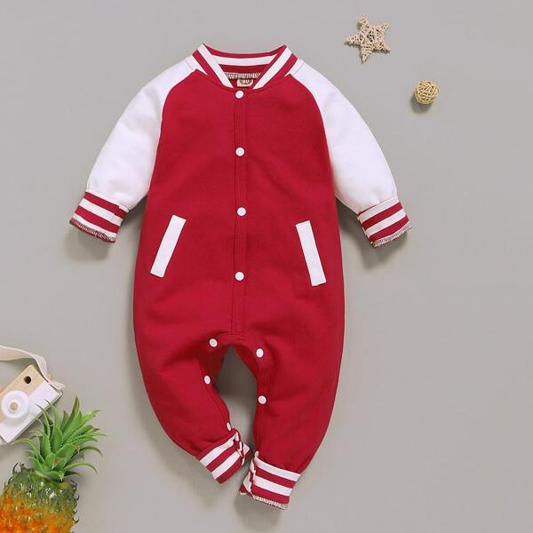 

Baby Boy Contrast Raglan Sleeve Popper Baseball Jumpsuit, Burgundy