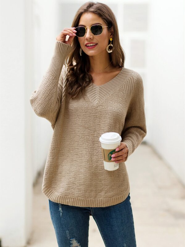 

Solid V-Neck Raglan Sleeve Sweater, Khaki