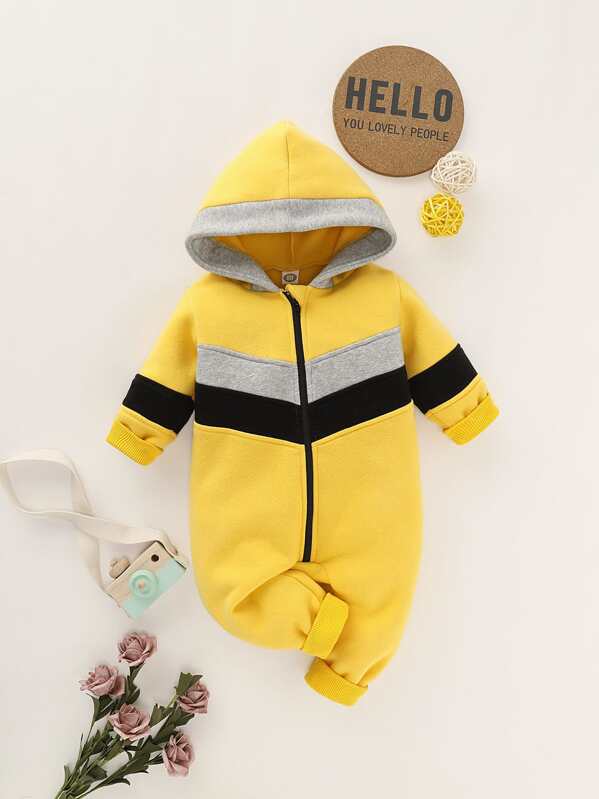 

Baby Boy Contrast Panel Zipper Front Hooded Jumpsuit, Yellow