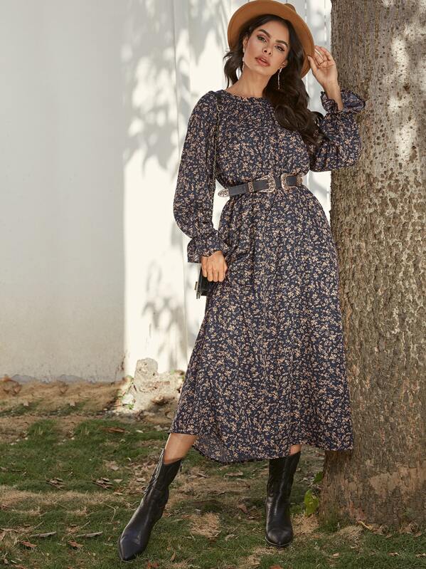 

Ditsy Floral Flounce Sleeve Dress Without Belt, Multicolor, Andy