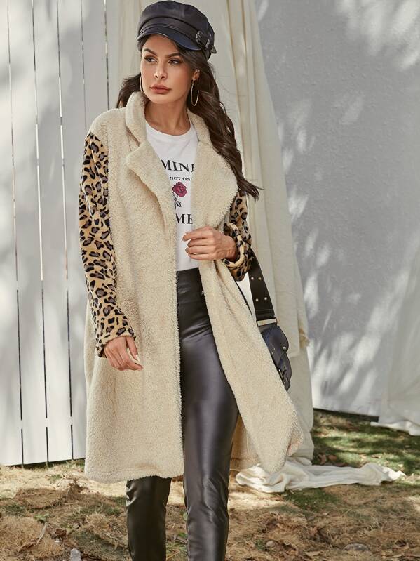 

Contrast Leopard Sleeve Teddy Coat, Beige, Andy