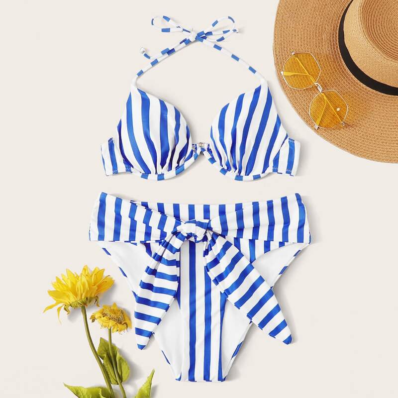 

Striped Underwire Tie Front Bikini Set, Multicolor