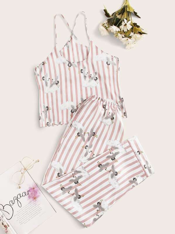 

Striped & Crane Print Satin PJ Set, Pink