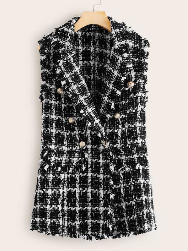 

Frayed Edge Double Breasted Tweed Vest Blazer, Black
