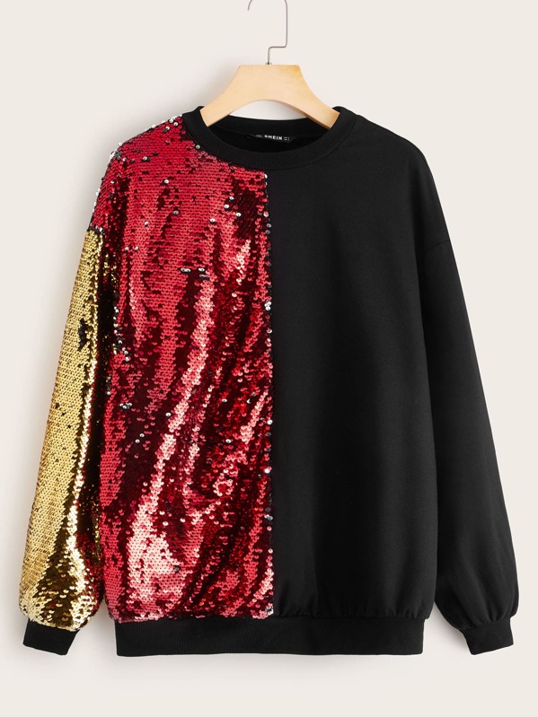 

Drop Shoulder Color Block Sequin Pullover, Multicolor, ZulcarD