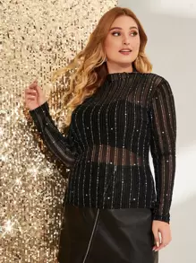 SHEIN Privé áo nữ kích thước lớn cắt Hình học màu đen Gợi cảm - màu đen - Xem 3