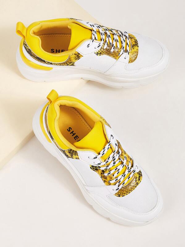 

Contrast Snakeskin Print Chunky Sneakers, White