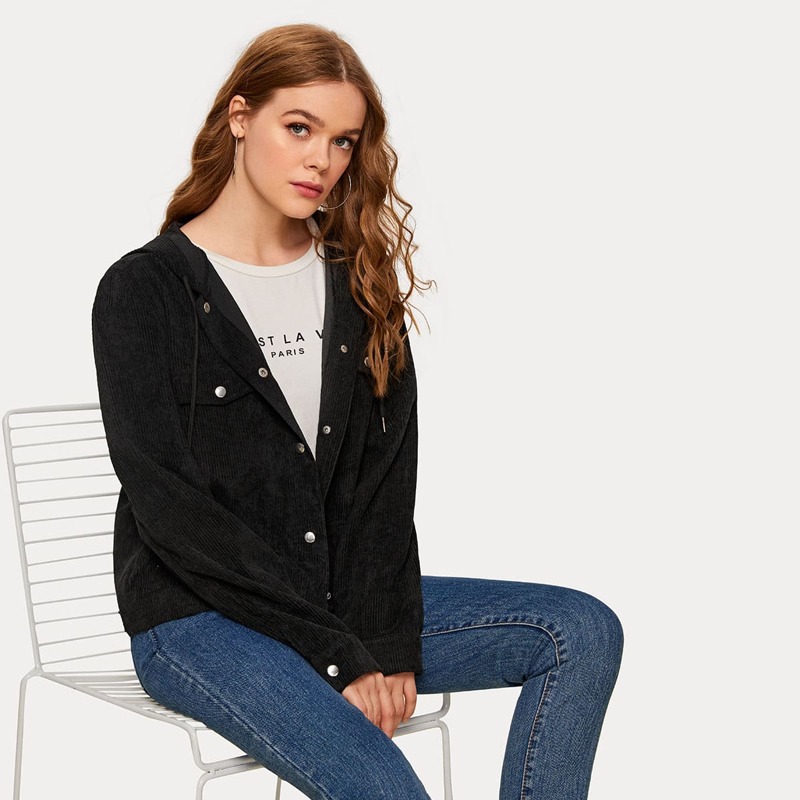 

Button Through Drawstring Hooded Jacket, Black