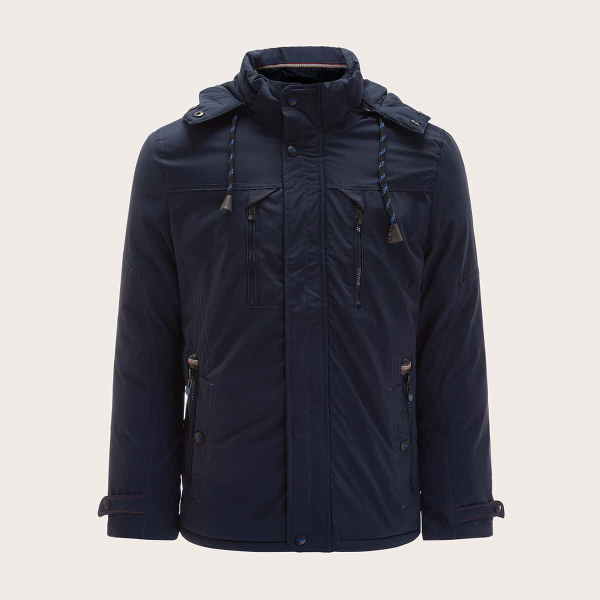 

Guys Zipper Pockets Drawstring Hooded Coat, Navy