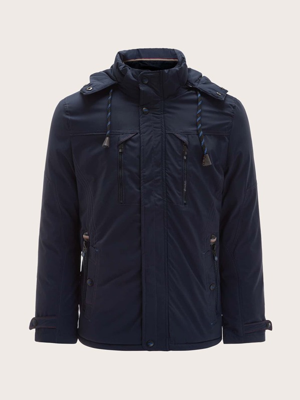 

Men Zipper Pockets Drawstring Hooded Coat, Navy