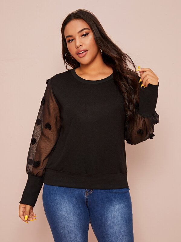 

Plus Swiss Dot Mesh Sleeve Sweater, Black, Emilie