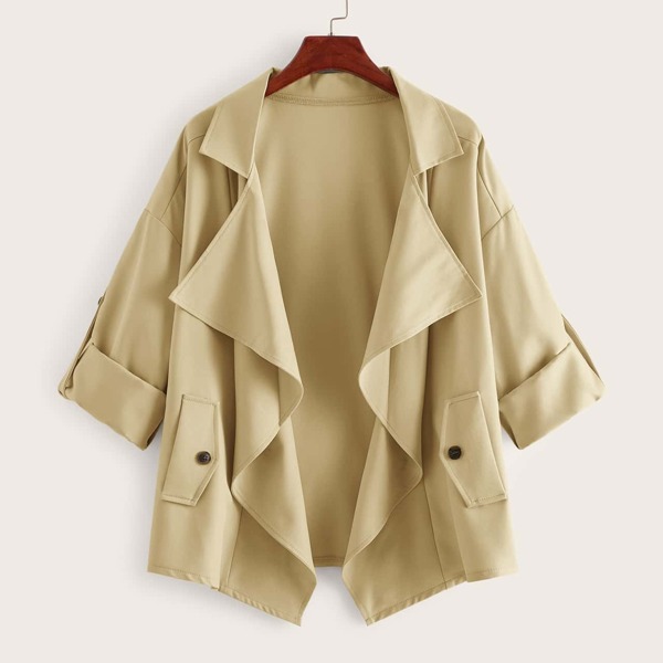 

Roll Tab Sleeve Open Front Waterfall Coat, Khaki