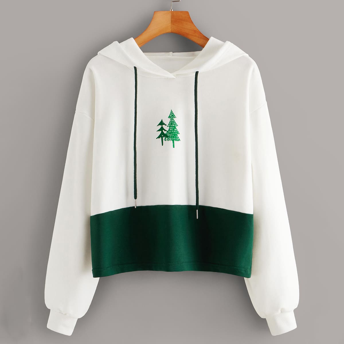 

Tree Print Contrast Hem Hoodie, White