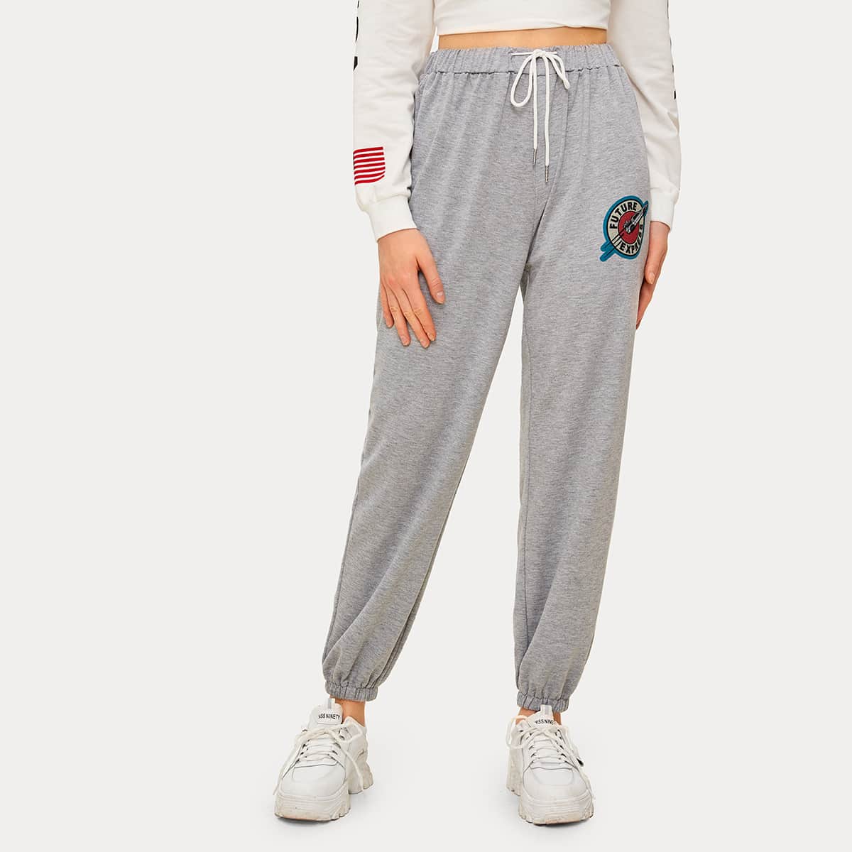 

Letter Graphic Drawstring Waist Sweatpants, Grey