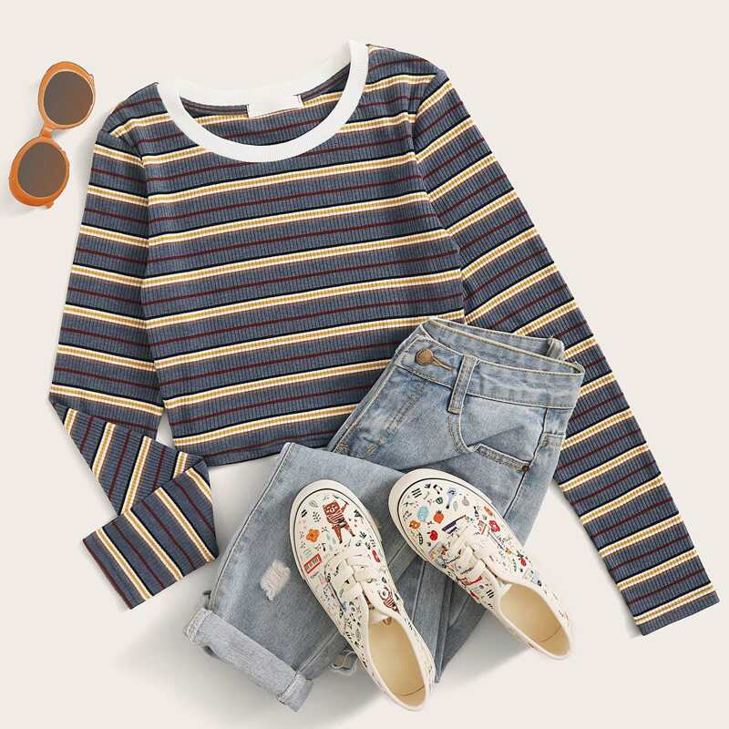 

Contrast Round Neck Striped Tee, Grey