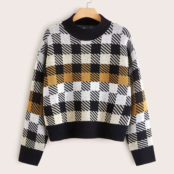 

Plus Colorblock Drop Shoulder Plaid Sweater, Multicolor
