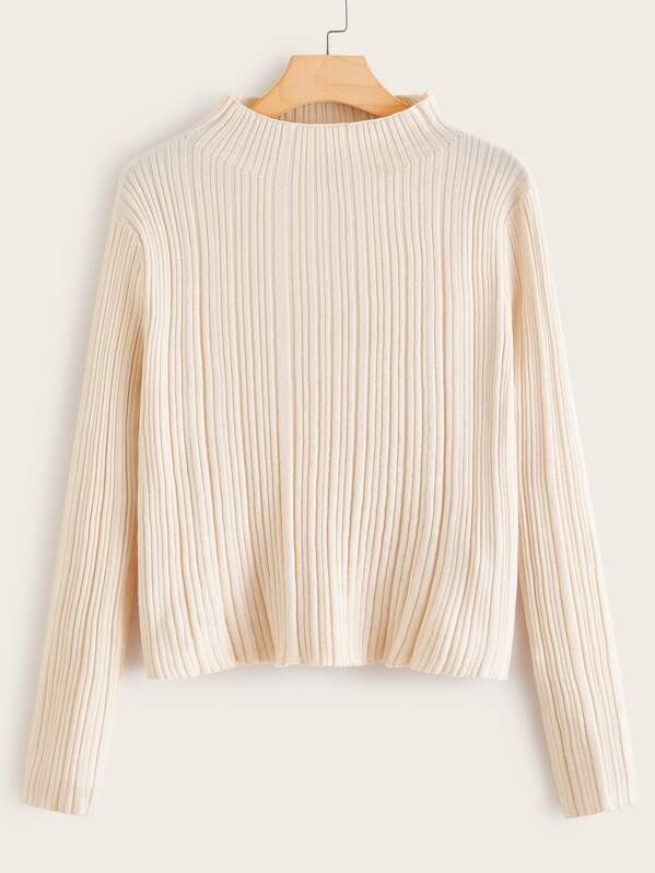 

Plus Solid Ribbed Knit Sweater, Beige