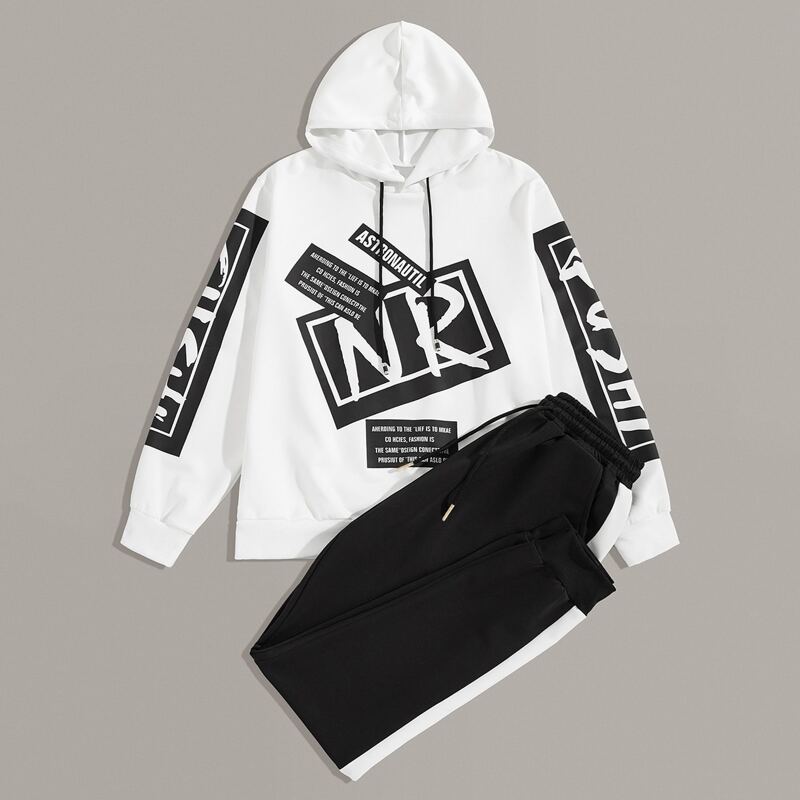 

Guys Letter Graphic Drawstring Hoodie & Sweatpants, Black and white