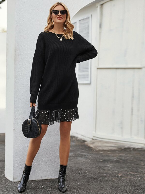 

Polka Dot Ruffle Hem Drop Shoulder Sweater Dress, Black, Valeriia