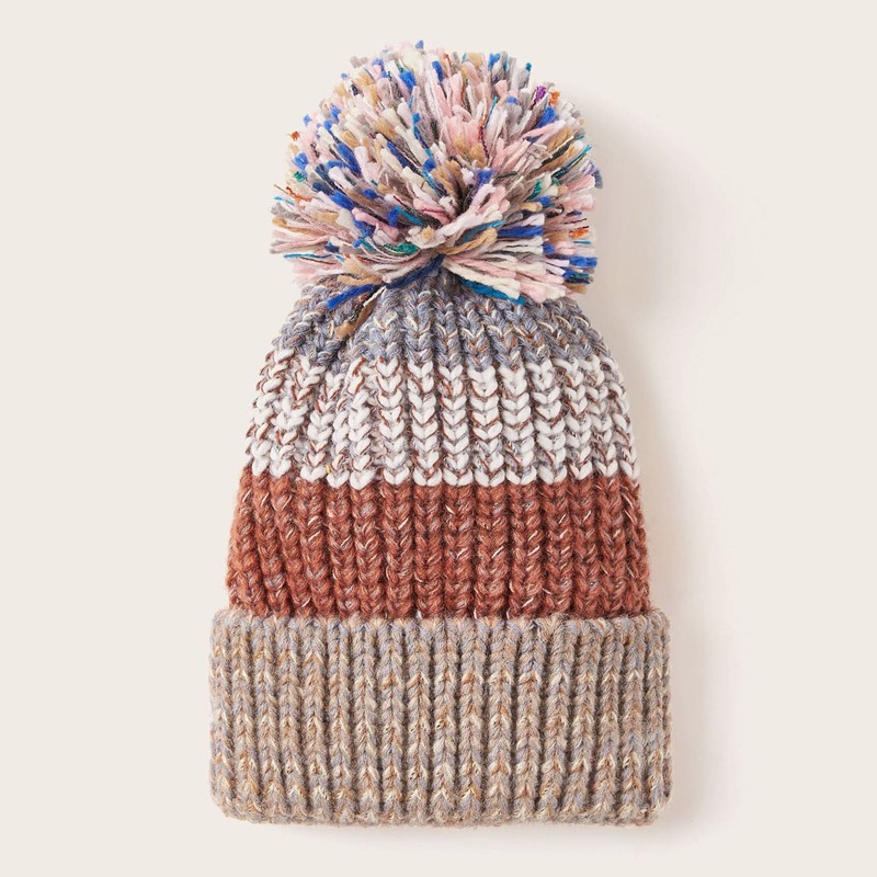 

Pom Pom Decor Patched Knit Beanie, Multicolor
