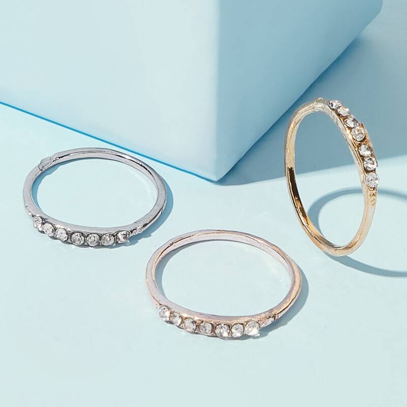 

3pcs Rhinestone Engraved Ring, Silver