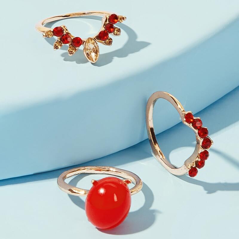 

3pcs Rhinestone Engraved Ring, Gold
