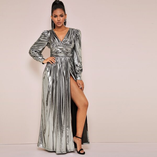 

Bishop Sleeve Metallic Wrap Dress, Grey