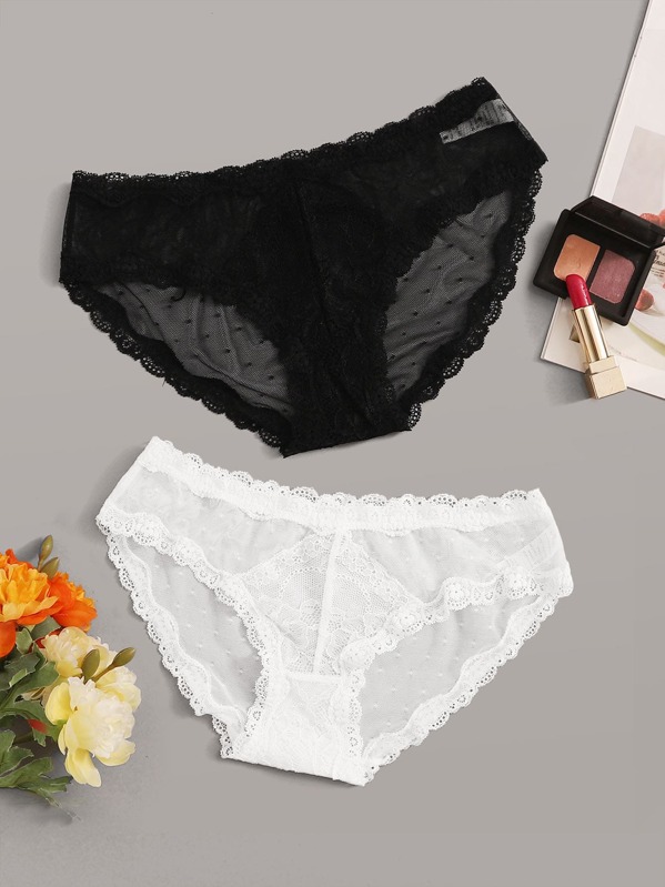 

2pack Contrast Lace Mesh Panty Set, Black and white