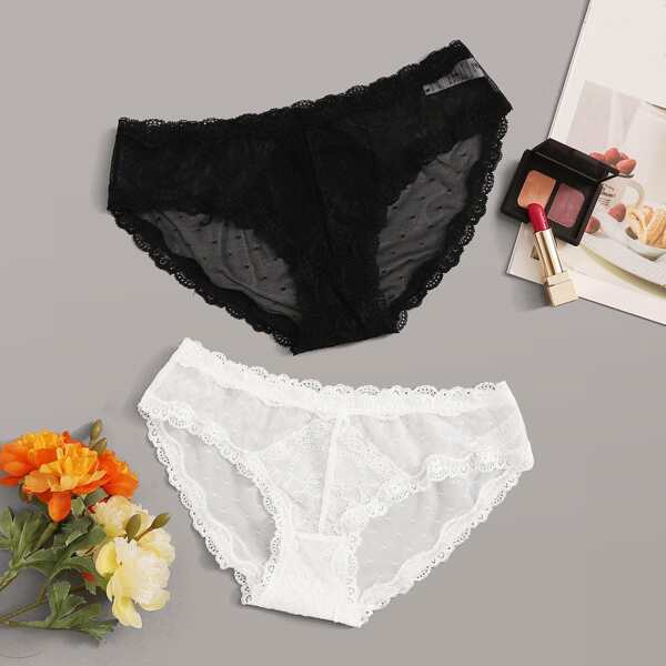 

2pack Contrast Lace Mesh Panty Set, Black and white