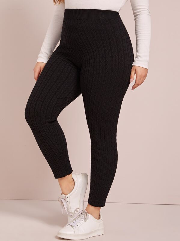 

Plus High Waist Cable Knit Skinny Sweater Pants, Black, Carol