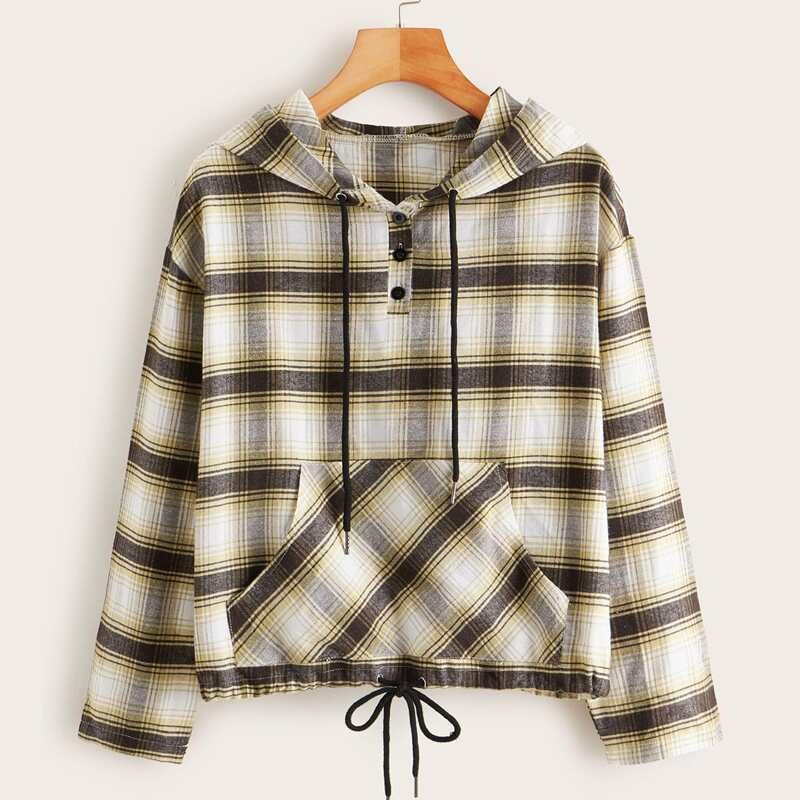 

Plaid Kangaroo Pocket Drawstring Hoodie, Multicolor