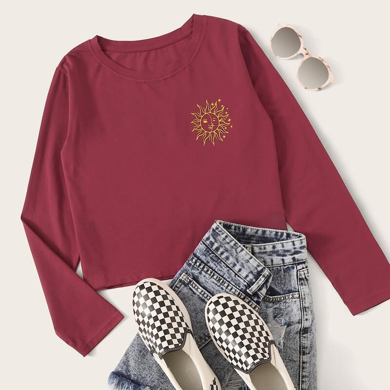 

Sun Print Round Neck Tee, Burgundy