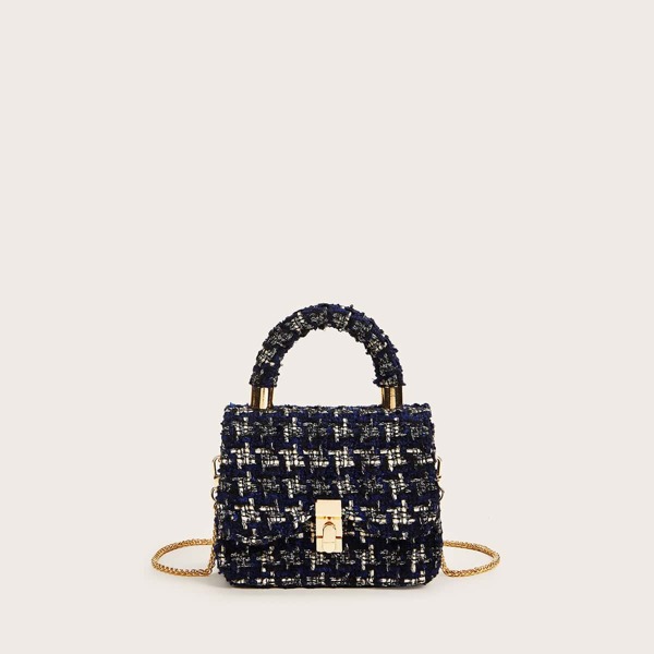 

Mini Metal Lock Tweed Satchel Bag, Black