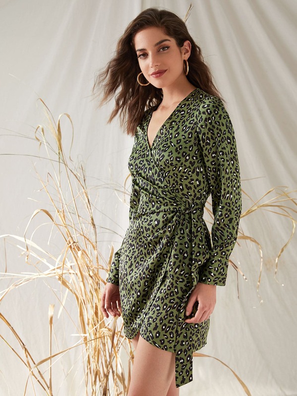 

Leopard Print Self Tie Surplice Wrap Dress, Army green, Dayannne