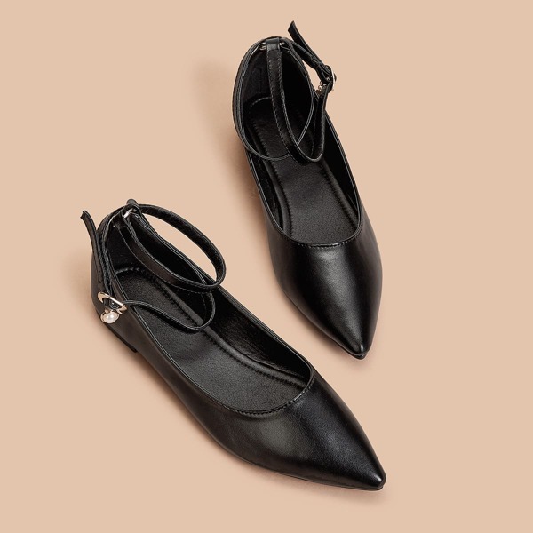 

Point Toe Ankle Strap Flats, Black