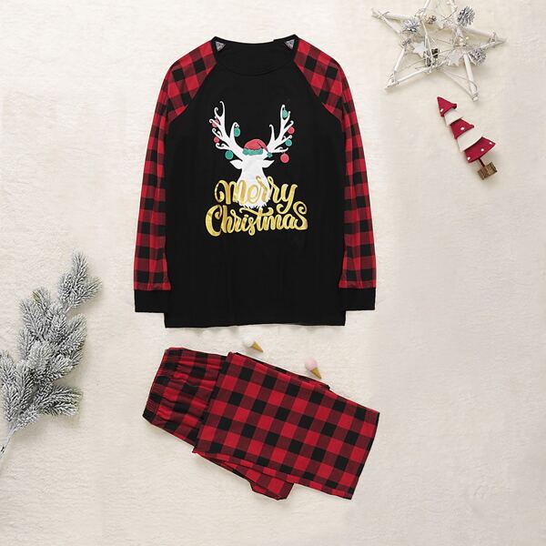 

Men Christmas Print Contrast Sleeve Tee With Pants, Multicolor